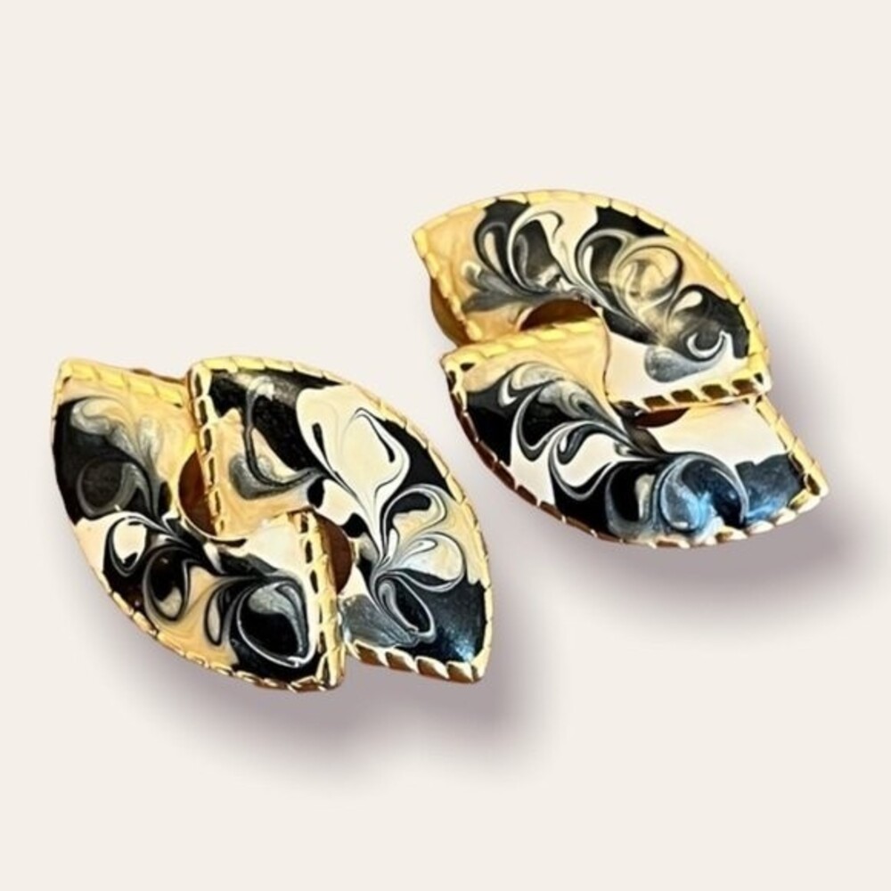 Vintage Earrings Navy White Paint Splatter Swirl Gold Tone Studs